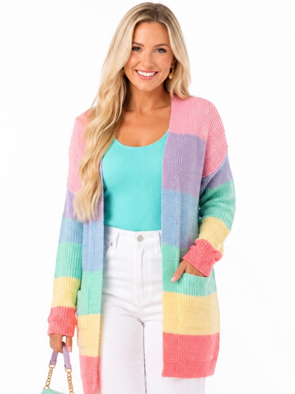 ZESICA XL Pastel Rainbow Colorblock Long Open Front Knit Cardigan Pockets